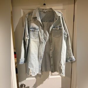 Love Tree Light Blue Distressed Jean Jacket (Long)